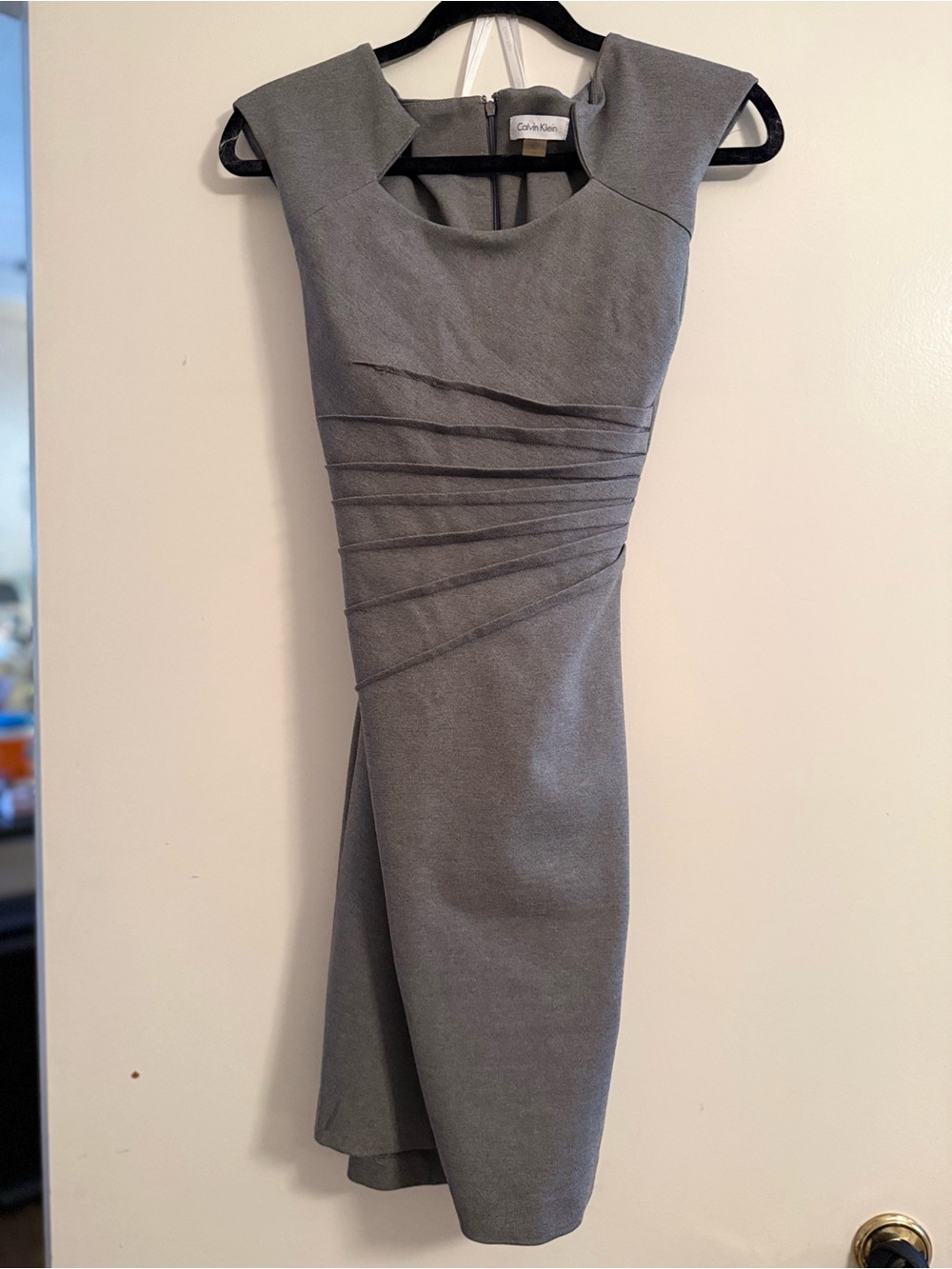 Calvin Klein Gray Cap-Sleeve Sheath Dress with Diagonal Pleats
